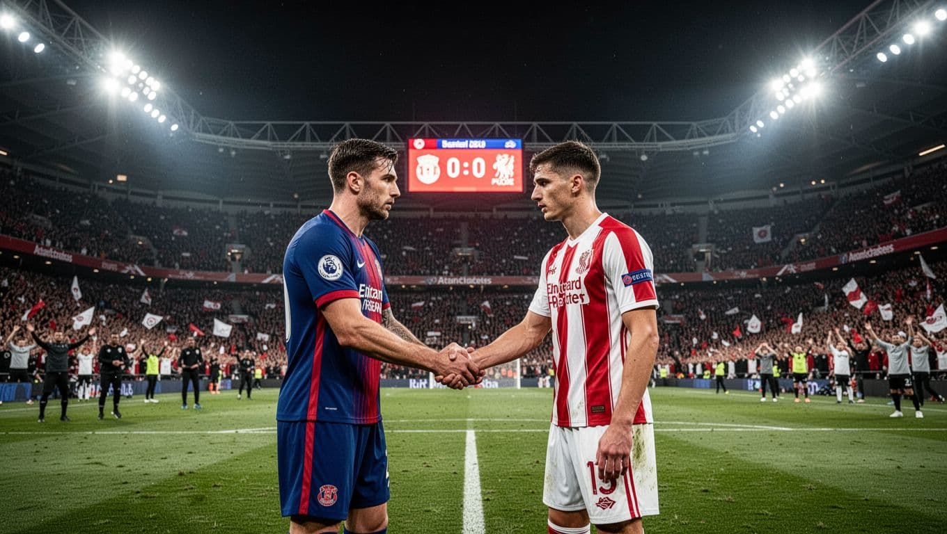 Two players in Bayern and PSG jerseys shake hands before 1-1 scoreboard showing PSG 6-5 aggregate win amid tense Allianz Arena crowd.
