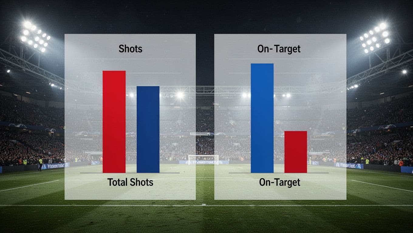 Side-by-side bar charts show equal red and blue bars for total shots on left, blue taller than red for on-target on right, stadium night lights background.