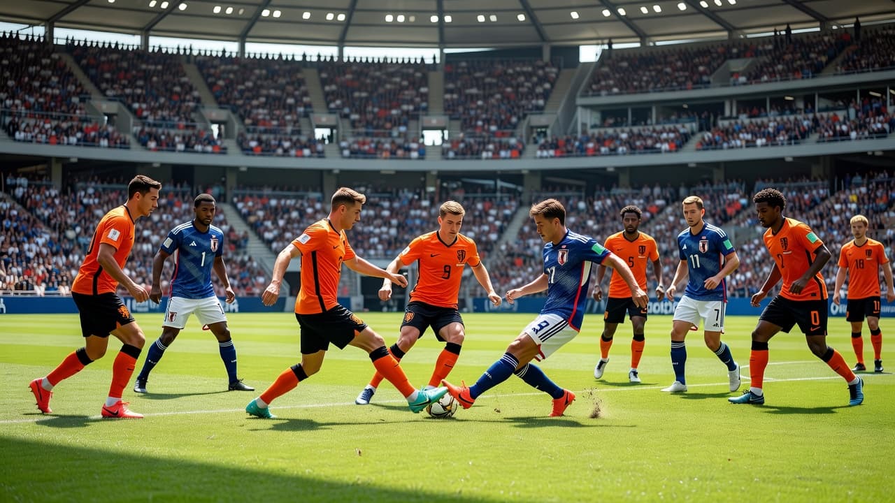 Two professional soccer teams compete intensely in a sprawling stadium. Athletes contest possession near the center circle as the crowd watches from the expansive stands under bright natural daylight conditions.