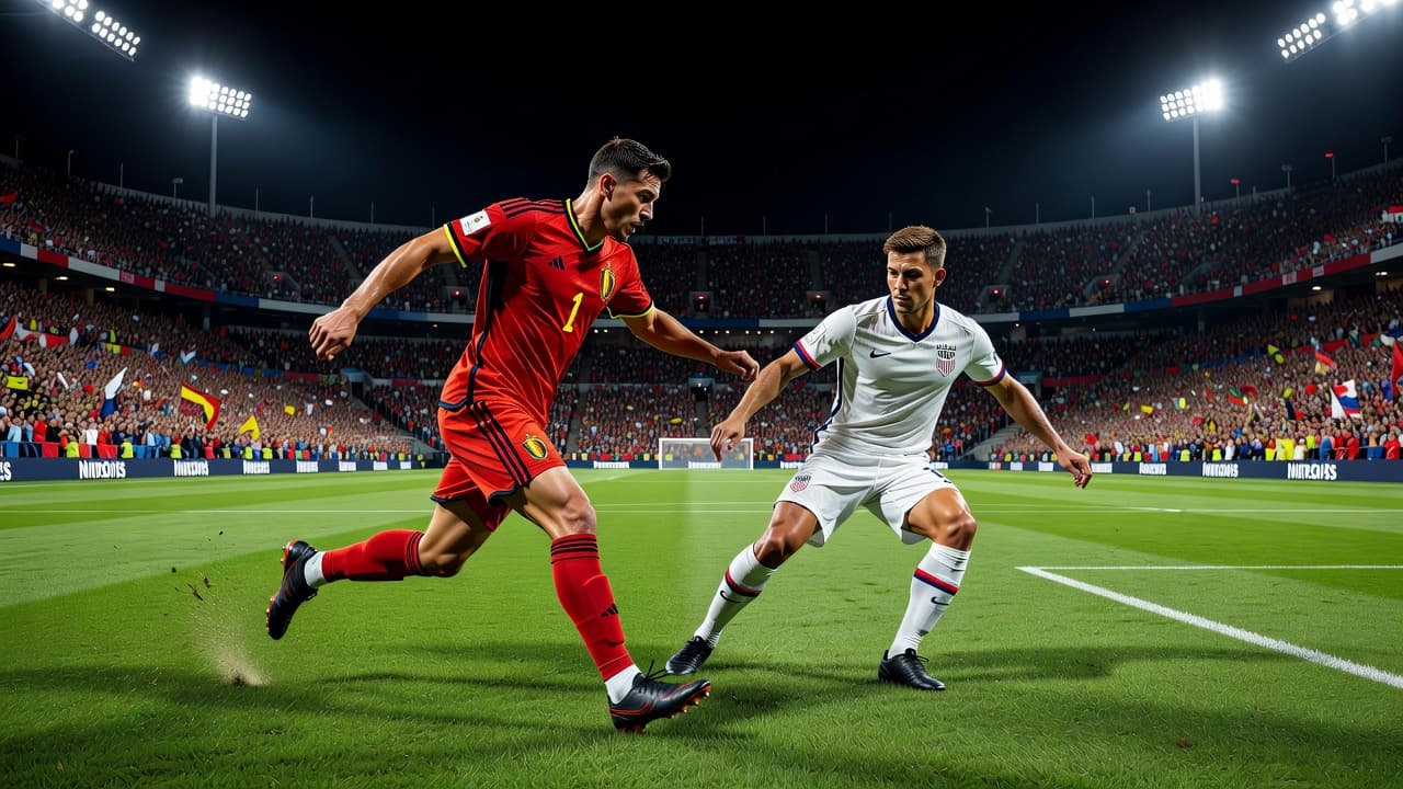 Pemain Belgia berbaju merah menggiring bola dengan cepat melewati pemain Amerika berseragam putih. Latar belakang stadion megah terlihat penuh penonton dengan pencahayaan lampu sorot yang sangat terang di malam hari.