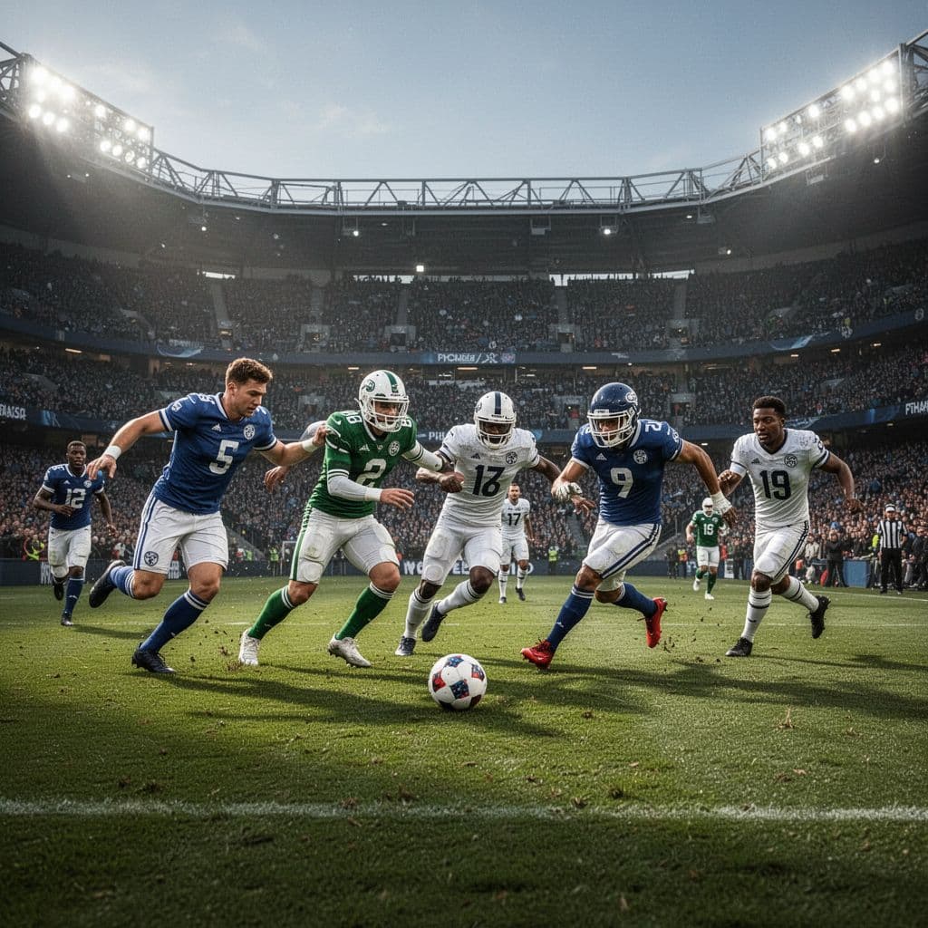 Two teams compete for the ball during a fast-paced professional soccer match under stadium lights.