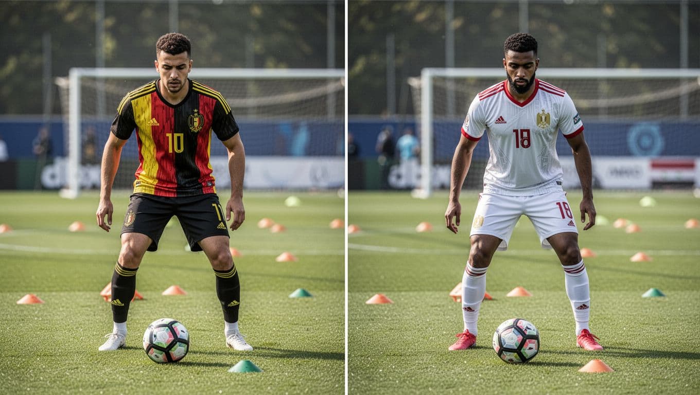 A split screen displays two individual football players warming up on green grass pitches under bright sunlight. Each athlete focuses on intense preparation drills while wearing professional national team kit.