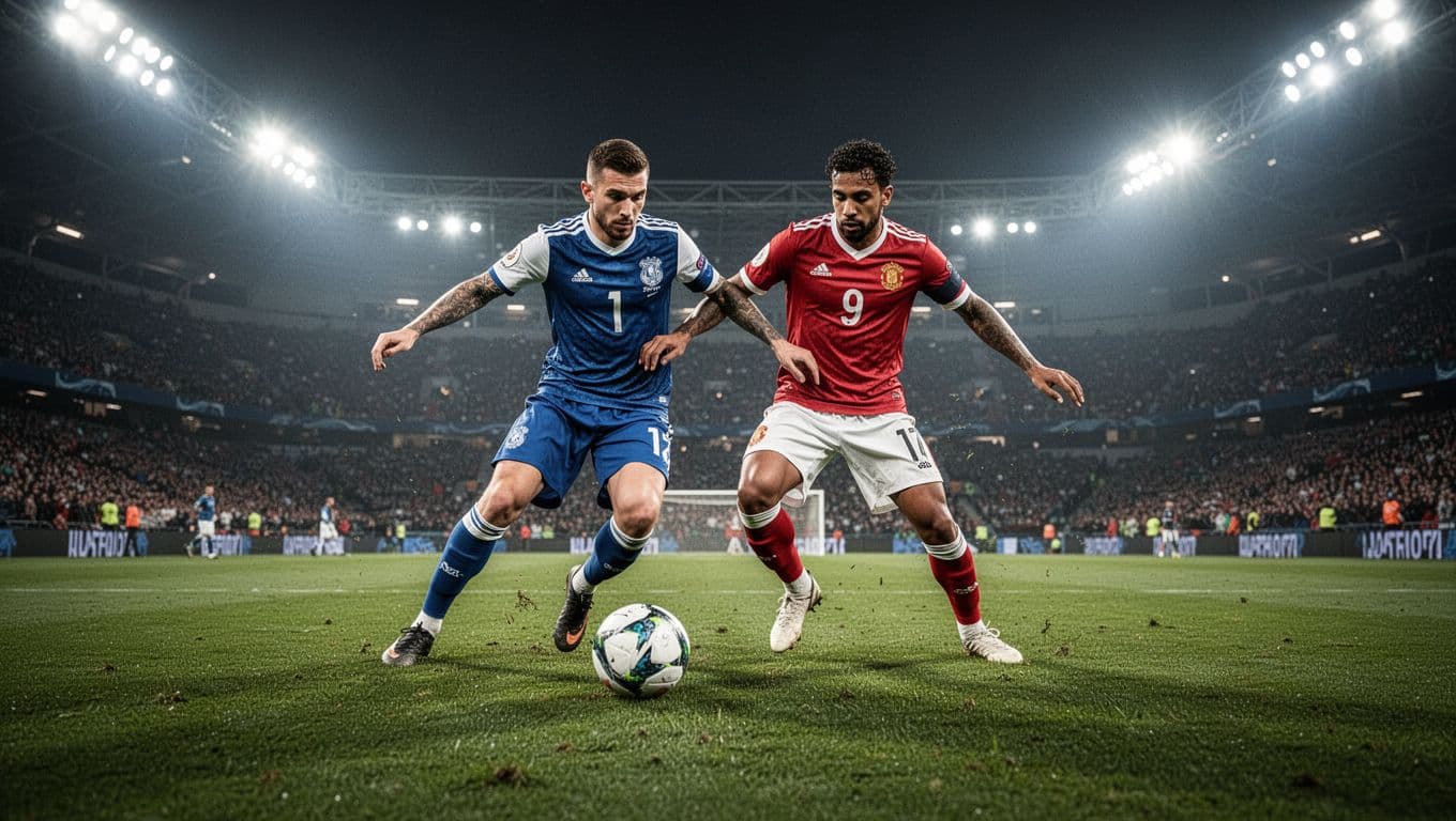 Two professional athletes in contrasting jerseys scramble for ball possession on a lush green grass field. Bright stadium floodlights illuminate the players from above during a high-stakes international tournament match.