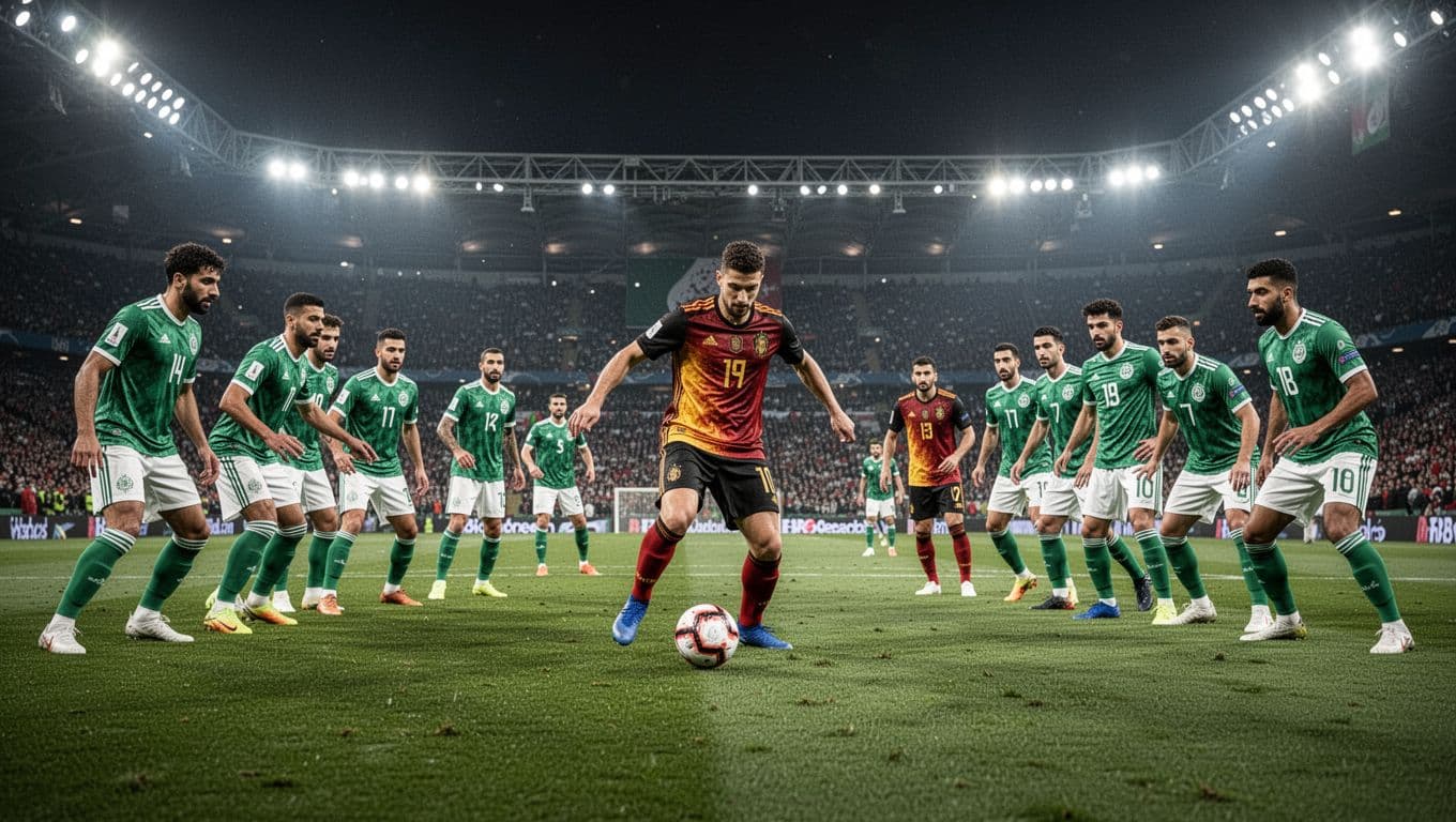 A Belgian player controls the ball in the center of a brightly lit stadium at night. He faces a disciplined line of Iranian defenders ready to block his aggressive forward movement.