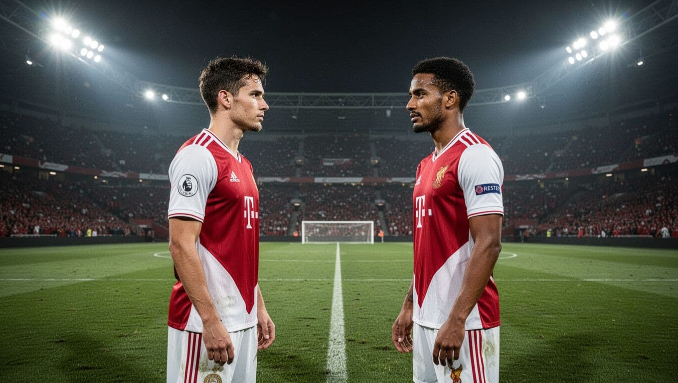 A player in a red jersey faces an opponent in white on a lush grass field under bright stadium floodlights. The night atmosphere highlights the tension of this critical group match.