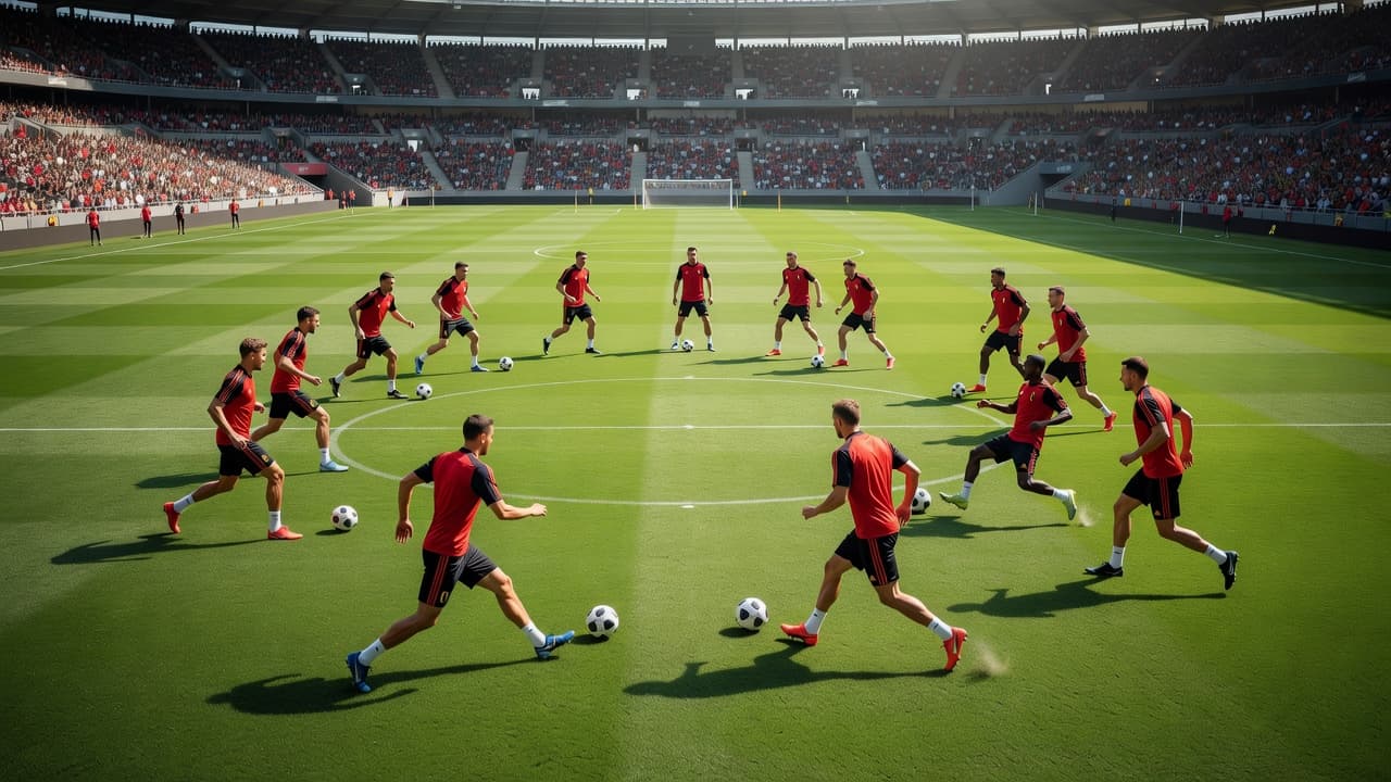Athletes in matching uniforms perform drills across a vibrant green field during a sunny afternoon. The stadium stands are empty while players move in coordinated formations under the bright sky.