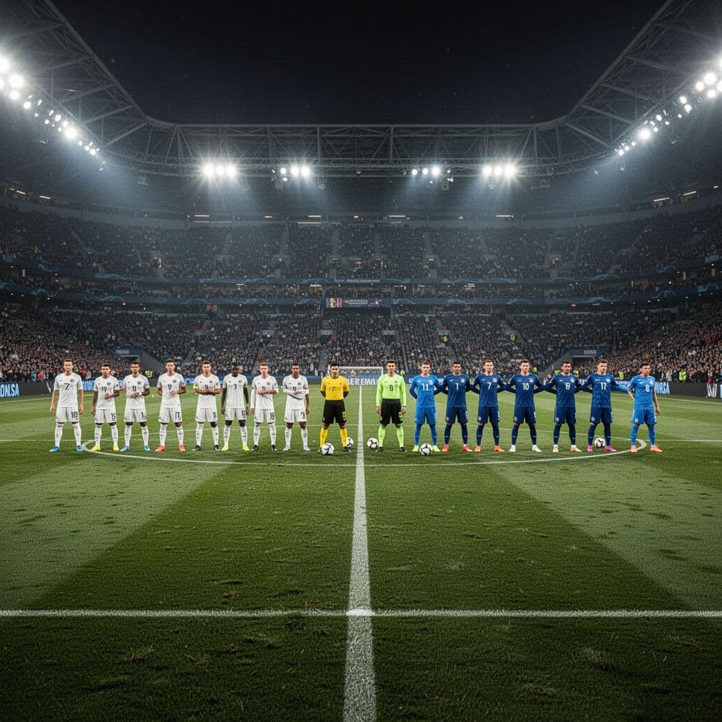 Two soccer teams stand positioned on opposite sides of a vast, illuminated pitch before the opening whistle. The vibrant green grass stretches across the expansive arena under bright stadium lighting.