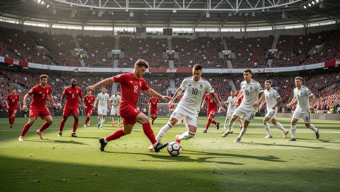 Players in vibrant red and white kits compete intensely on a manicured green pitch. The vast stadium stands are bathed in brilliant daylight as the teams contest possession of the ball.