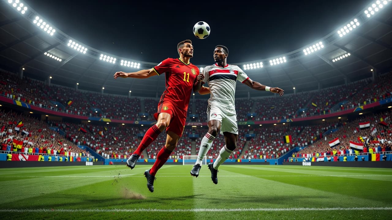 Two athletes in red and white national jerseys compete for possession on a lush grass pitch under bright stadium floodlights. The low-angle perspective highlights the intensity of this competitive international match.