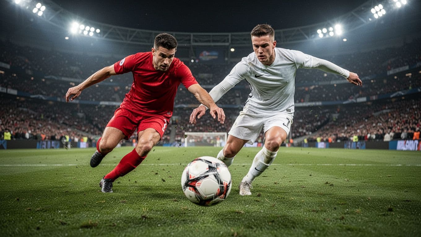 Two professional athletes in red and white jerseys clash for ball possession on a lush green pitch. High-intensity stadium floodlights illuminate their focused expressions as they battle during the competitive game.