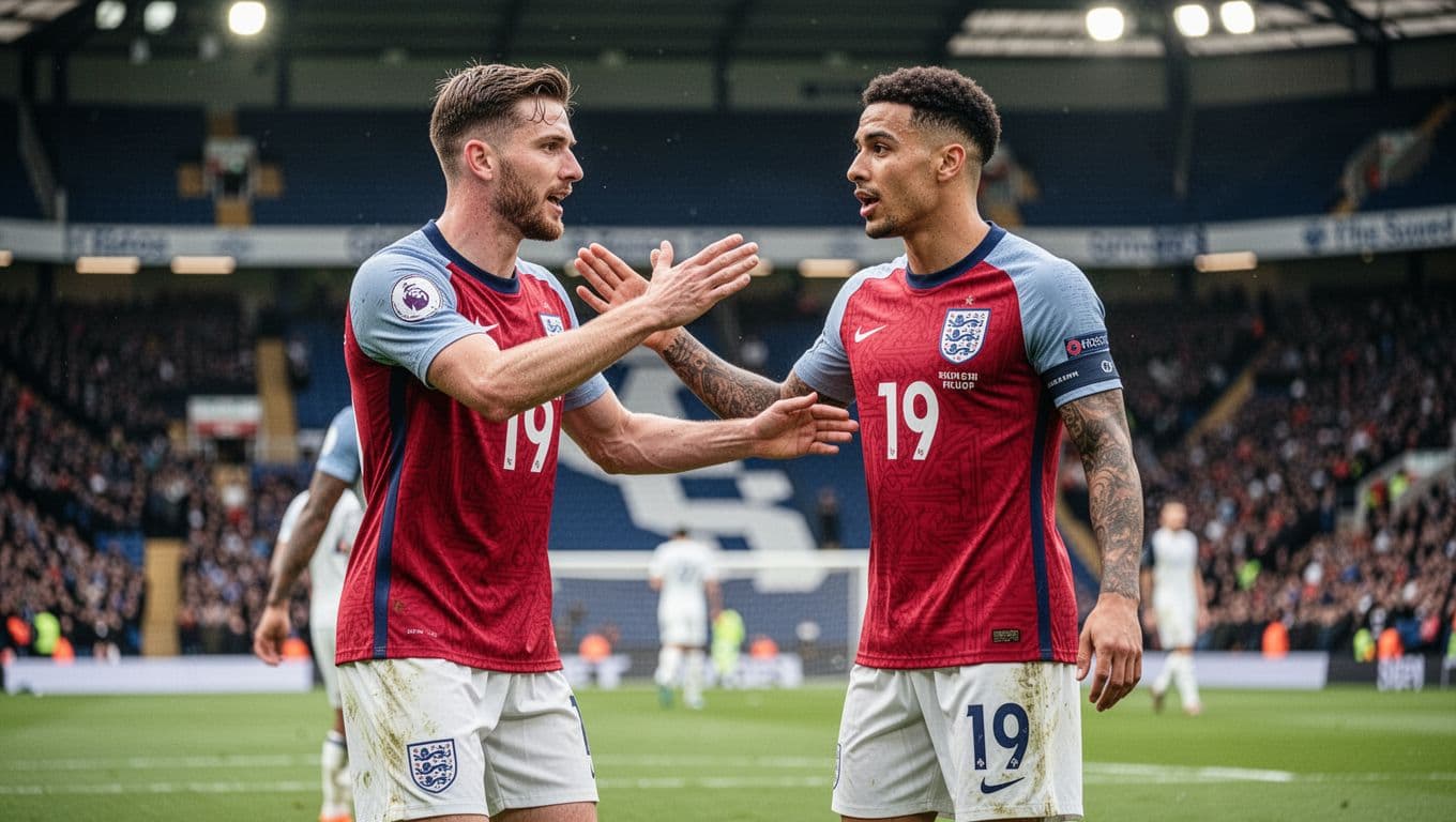 Jude Bellingham dan Harry Kane saling berpelukan erat di tengah lapangan hijau setelah mencetak gol. Keduanya tampak antusias merayakan momen krusial di bawah sorotan cahaya alami stadion yang sangat terang benderang.