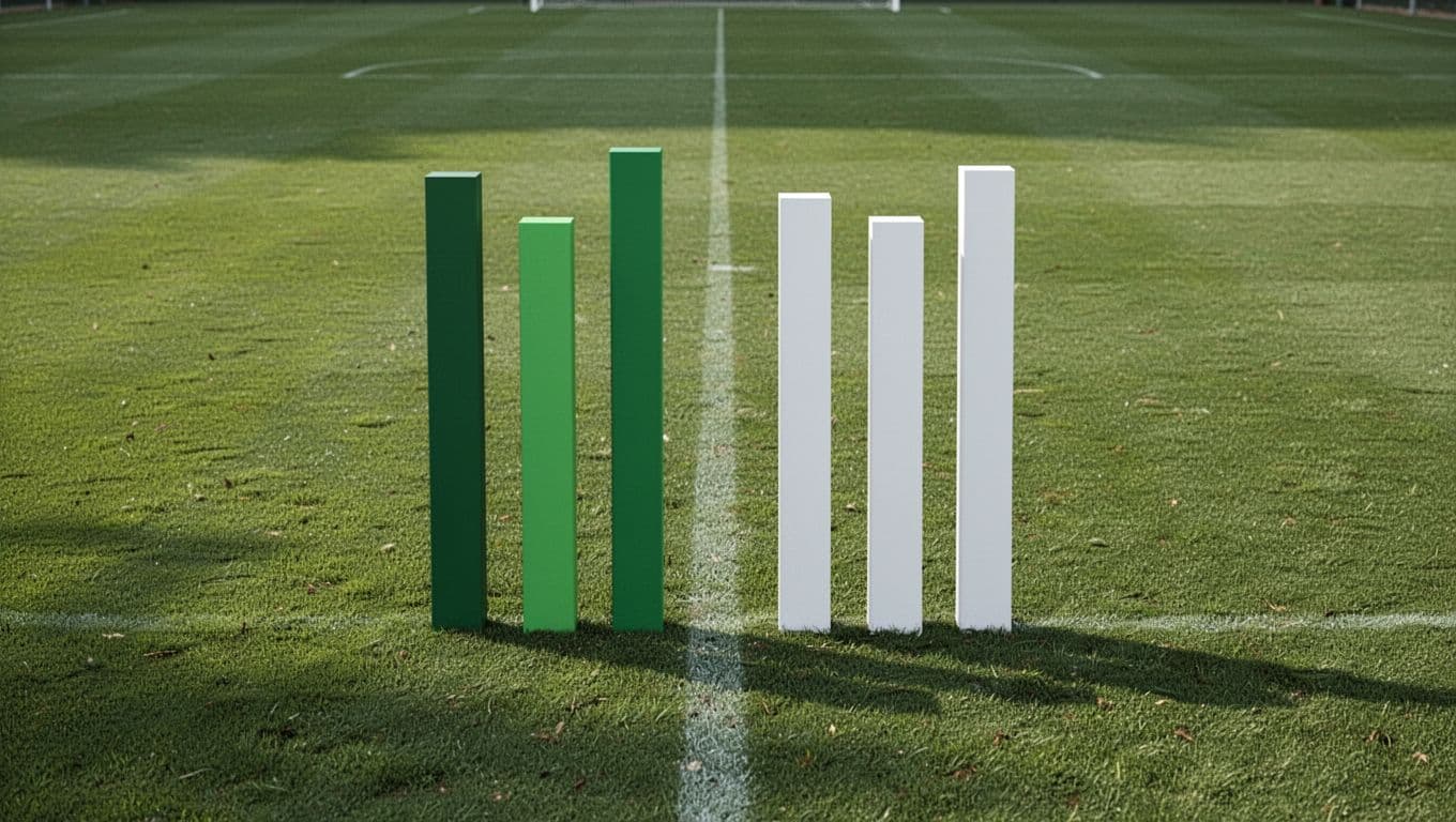 Split bar chart compares Real Betis home and away wins, draws, losses in green-white on football field background.
