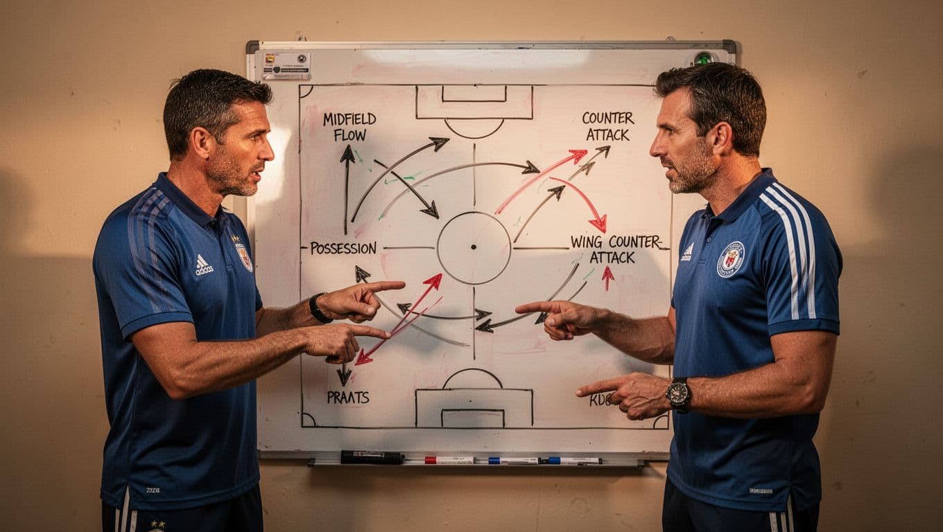 Two soccer coaches from Bhayangkara Presisi and Madura United discuss tactics on a whiteboard with arrows for midfield possession and wing counters.