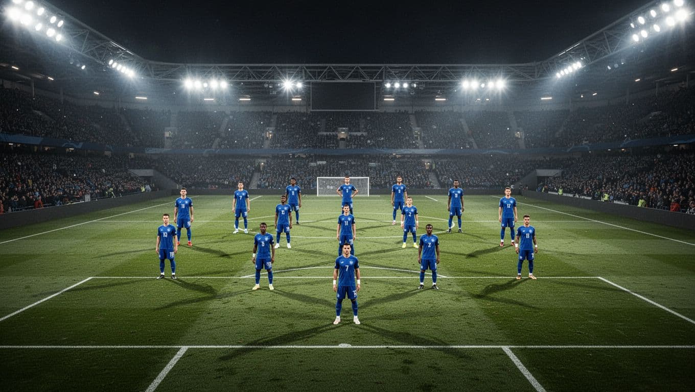 Nighttime stadium field shows Bhayangkara Presisi 4-4-2 soccer formation with 11 blue-jerseyed player figures under floodlights.