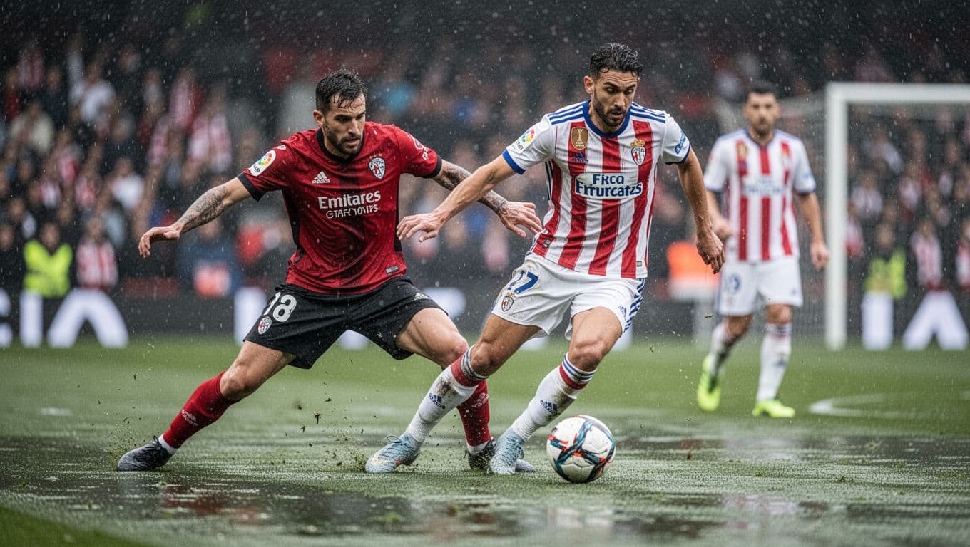 Bilbao defender slips missing tackle on rainy pitch as opponent advances with motion blur.