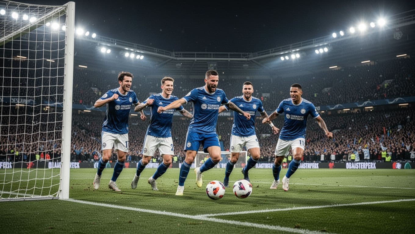 Five Athletic Bilbao players celebrate a goal at San Mames stadium under night floodlights, with excited crowd in background.