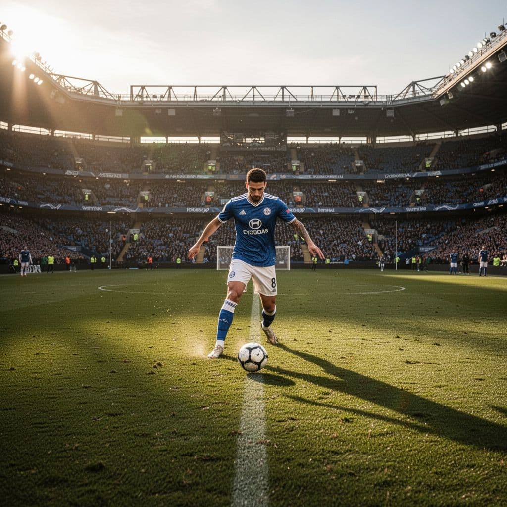 A football player in a blue and white uniform passes the ball on a sunny stadium pitch.
