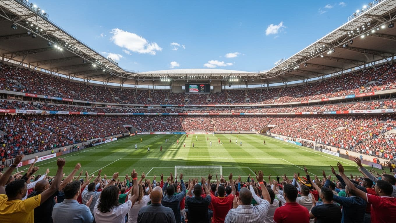 Wide shot of Bloemfontein football stadium under bright sky with fans in stands.