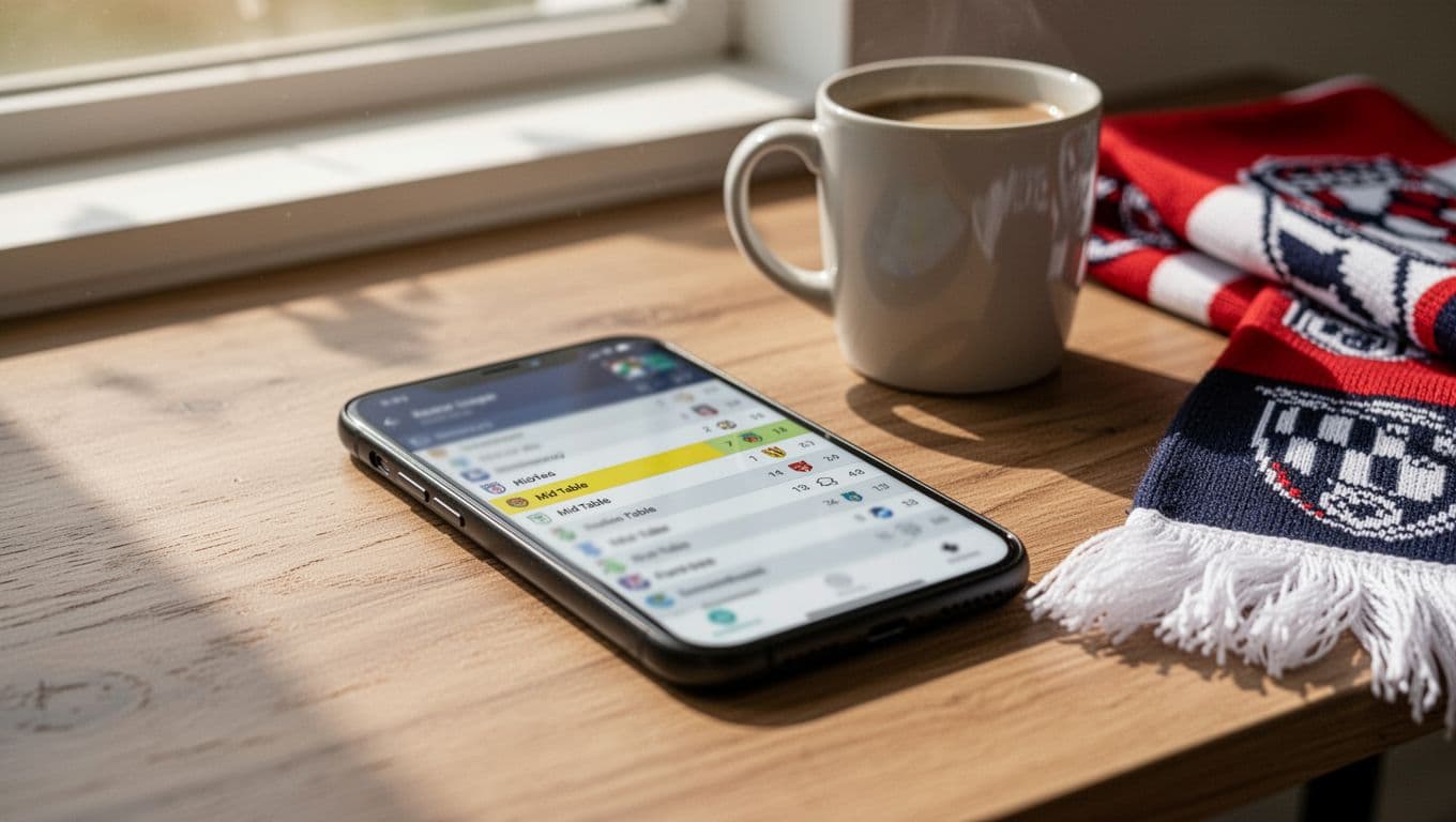 Smartphone screen shows blurred football league table with mid-table team highlighted, on wooden desk beside coffee mug and scarf.