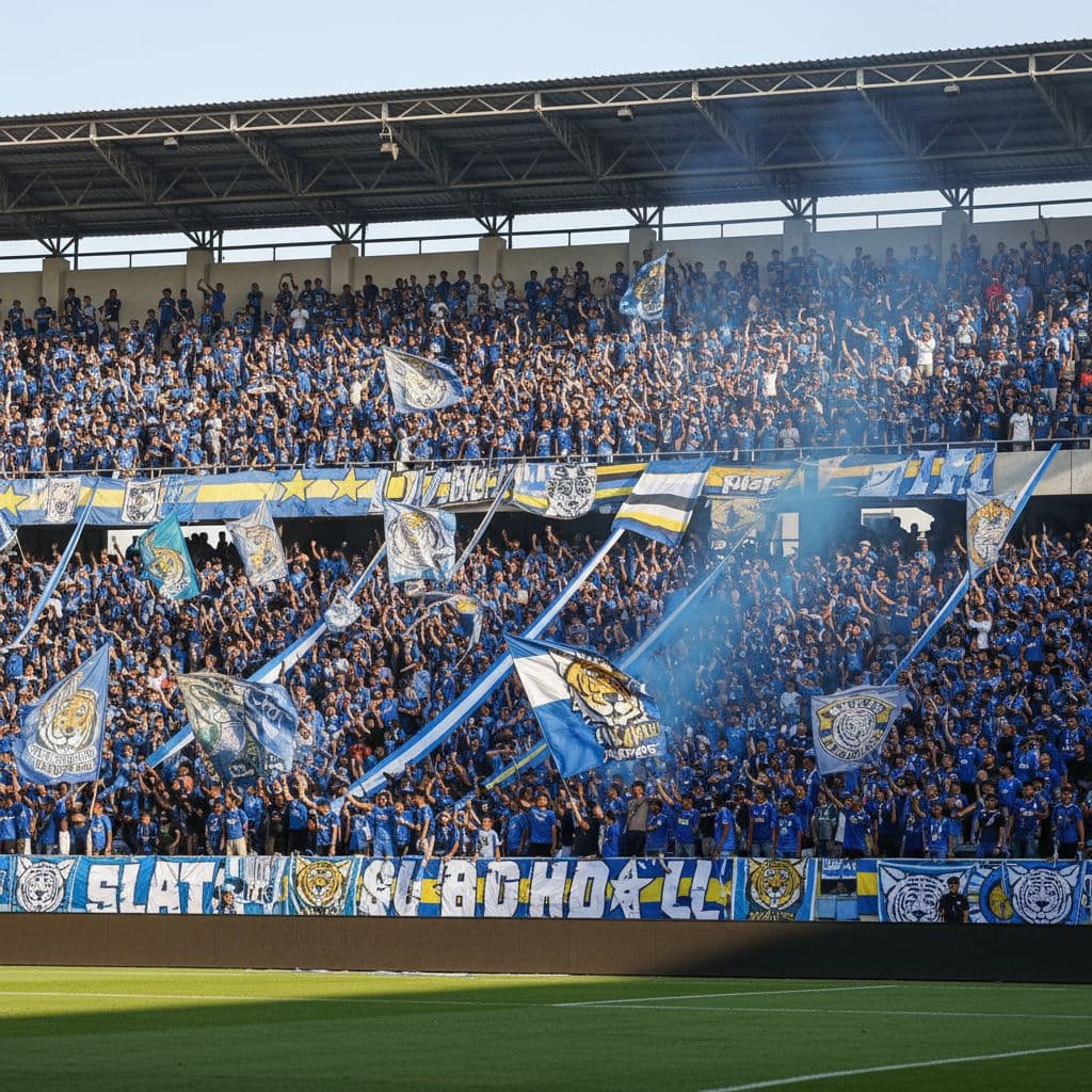 A sea of passionate football fans in blue jerseys cheer and wave banners inside a crowded stadium.