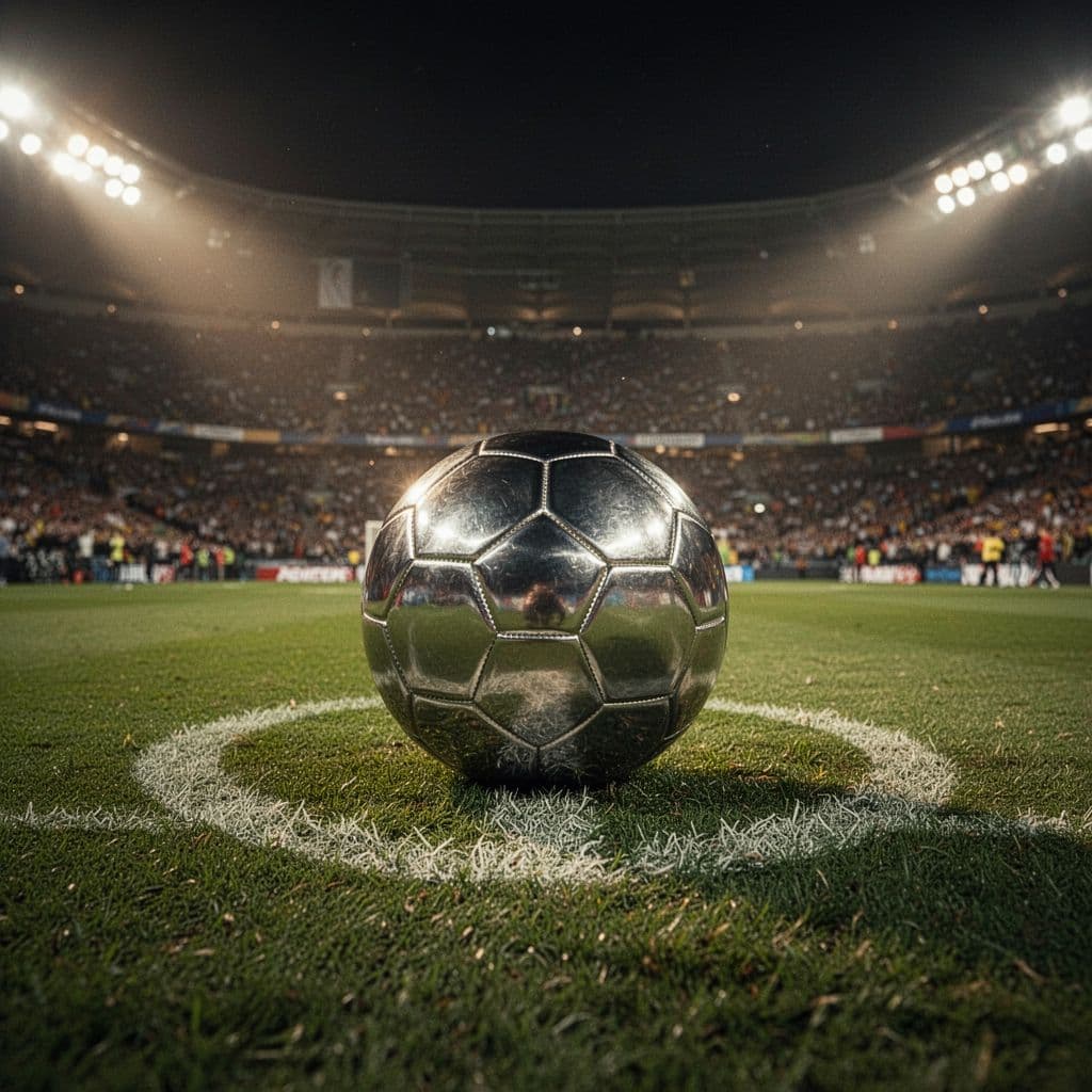 Sebuah bola sepak diletakkan tepat di titik tengah lapangan hijau yang subur di bawah terangnya lampu stadion pada malam hari. Suasana stadion megah tampak ramai dan bercahaya dalam komposisi sinematik.