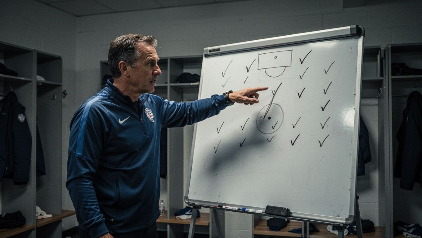 Bologna FC coach points at tactical board showing simplified fixture list with checkmarked point targets in dim locker room.