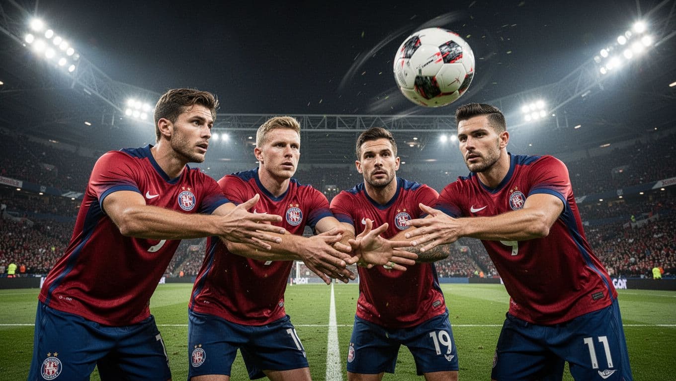 Four Bologna FC defenders in red-blue kits form a wall blocking a corner kick shot in night stadium, ball in air.