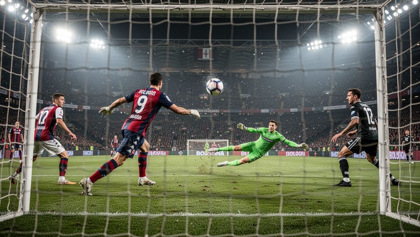 Bologna FC forward shoots towards net, ball mid-air as goalkeeper dives with two defenders on lit green pitch.