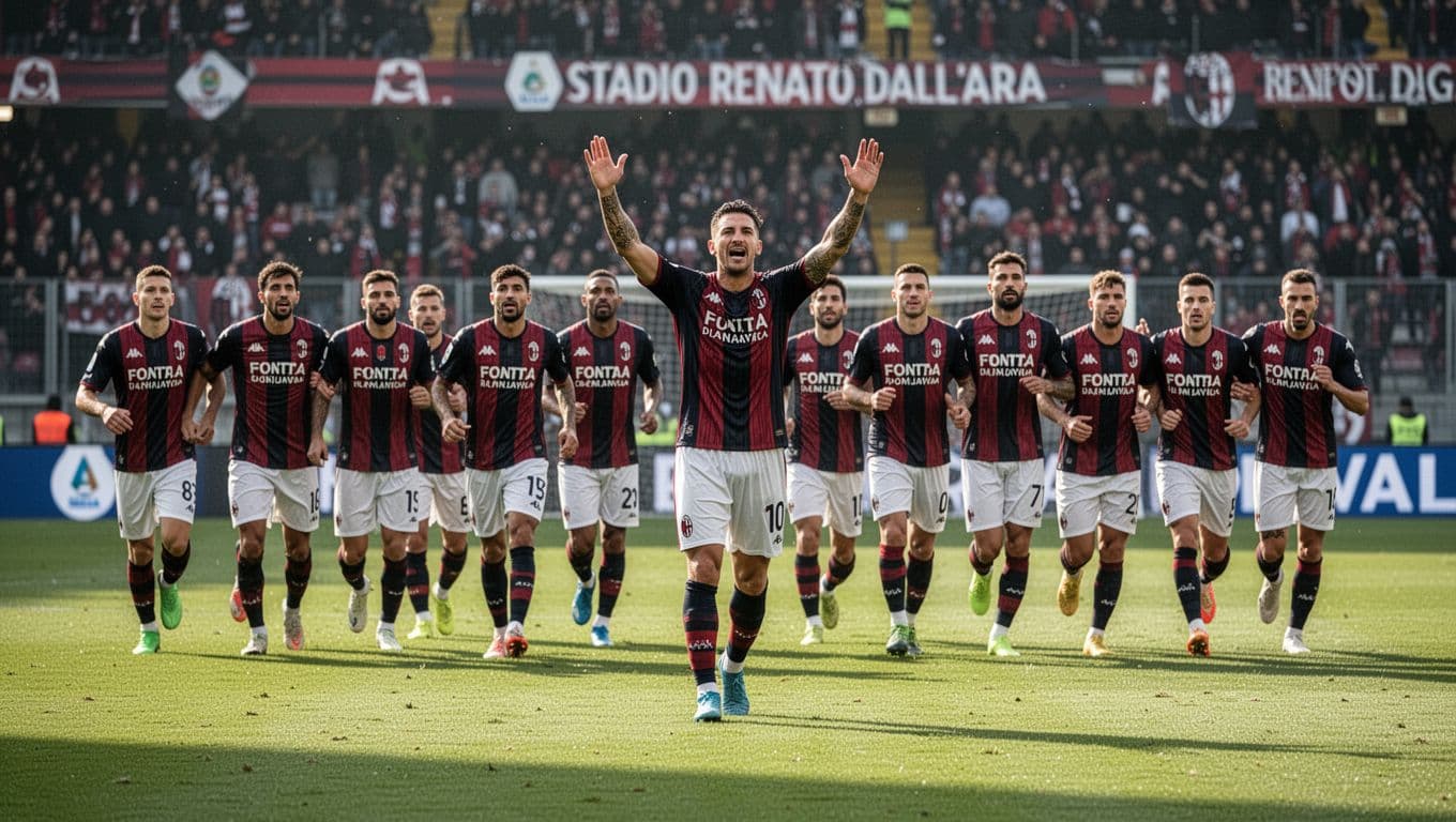 Bologna FC players celebrate a goal on Serie A pitch at Stadio Renato Dall'Ara, scorer arms raised, teammates rushing in.