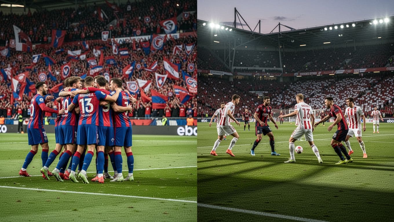 Left half shows packed home stands with red-blue fans cheering goal celebration; right half sparse away fans amid rivals during tense defense.