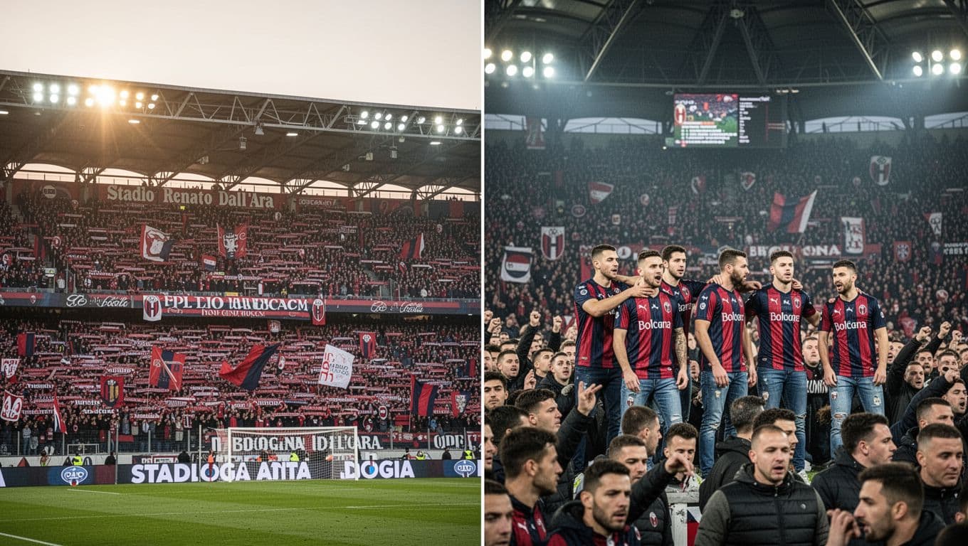 Left side shows packed cheering red-blue Bologna fans in home stadium stands; right side sparse Bologna fans amid hostile crowd, evening lighting.
