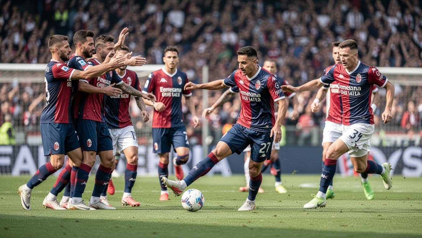 Collage of four Bologna FC scenes: goal celebration, defensive tackle, midfield pass, counter-attack sprint on Serie A pitch with blurred crowd.