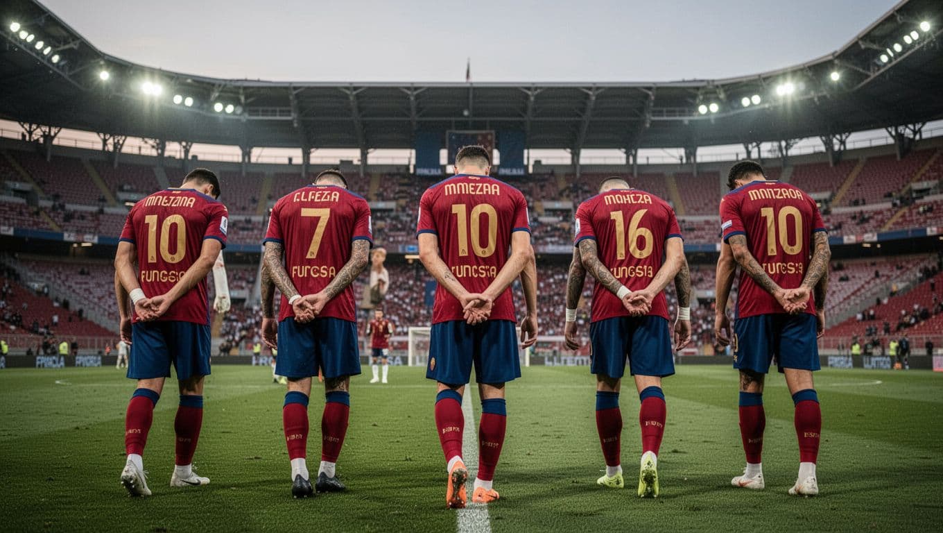 Five Bologna FC players in red and blue kits walk off the Serie A pitch from behind, heads bowed and shoulders slumped under dusk stadium lights at Stadio Renato Dall'Ara.
