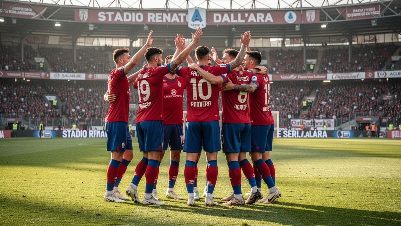 Six Bologna FC players in red and blue kits embrace with arms raised on Stadio Renato Dall'Ara pitch.