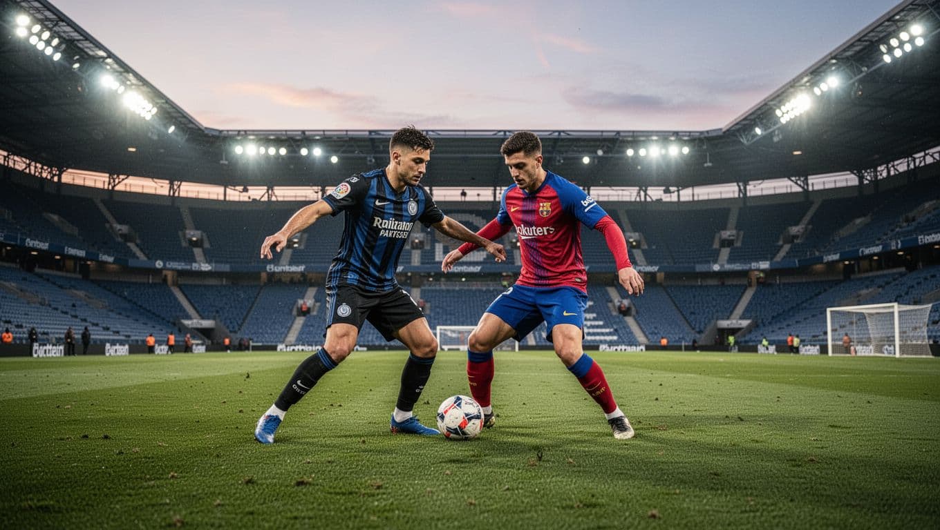 Two football players in competing kits challenge each other for ball possession on a stadium pitch.