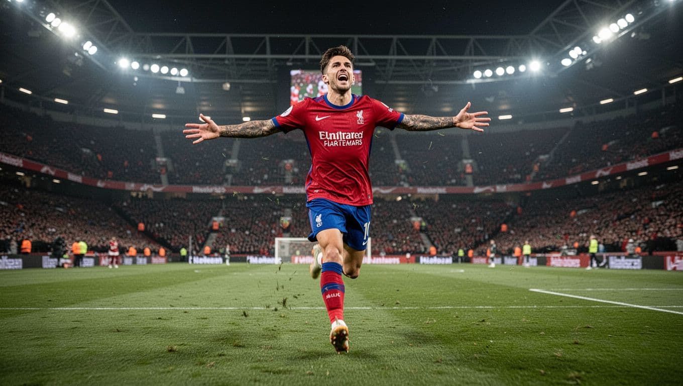 Footballer in red-blue kit runs with arms outstretched celebrating on stadium pitch.