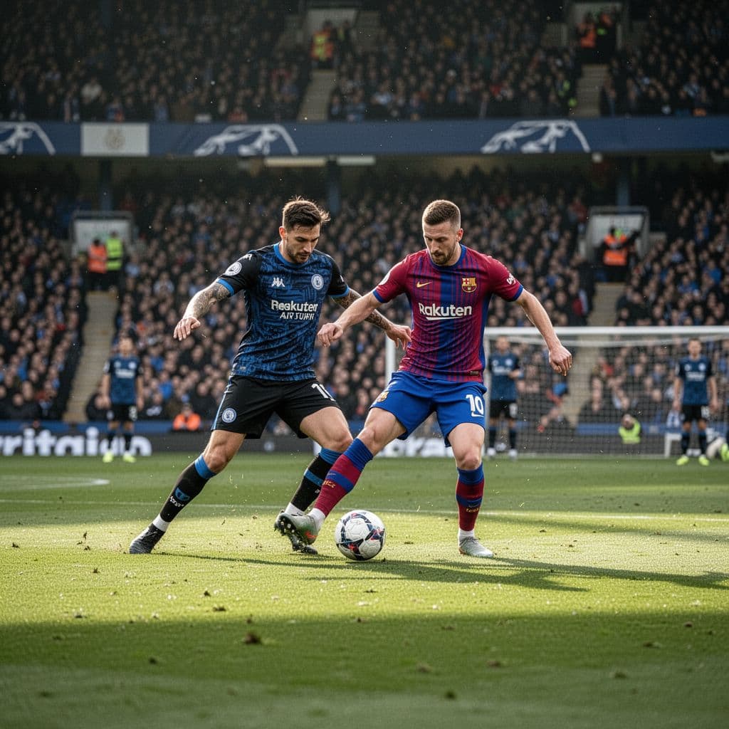 Players in blue-black and red-blue jerseys compete for the ball on a green stadium pitch.