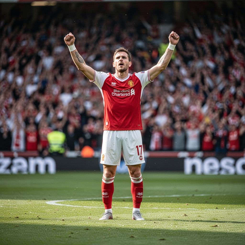 A football player in a red and white jersey celebrates a goal on a professional pitch.