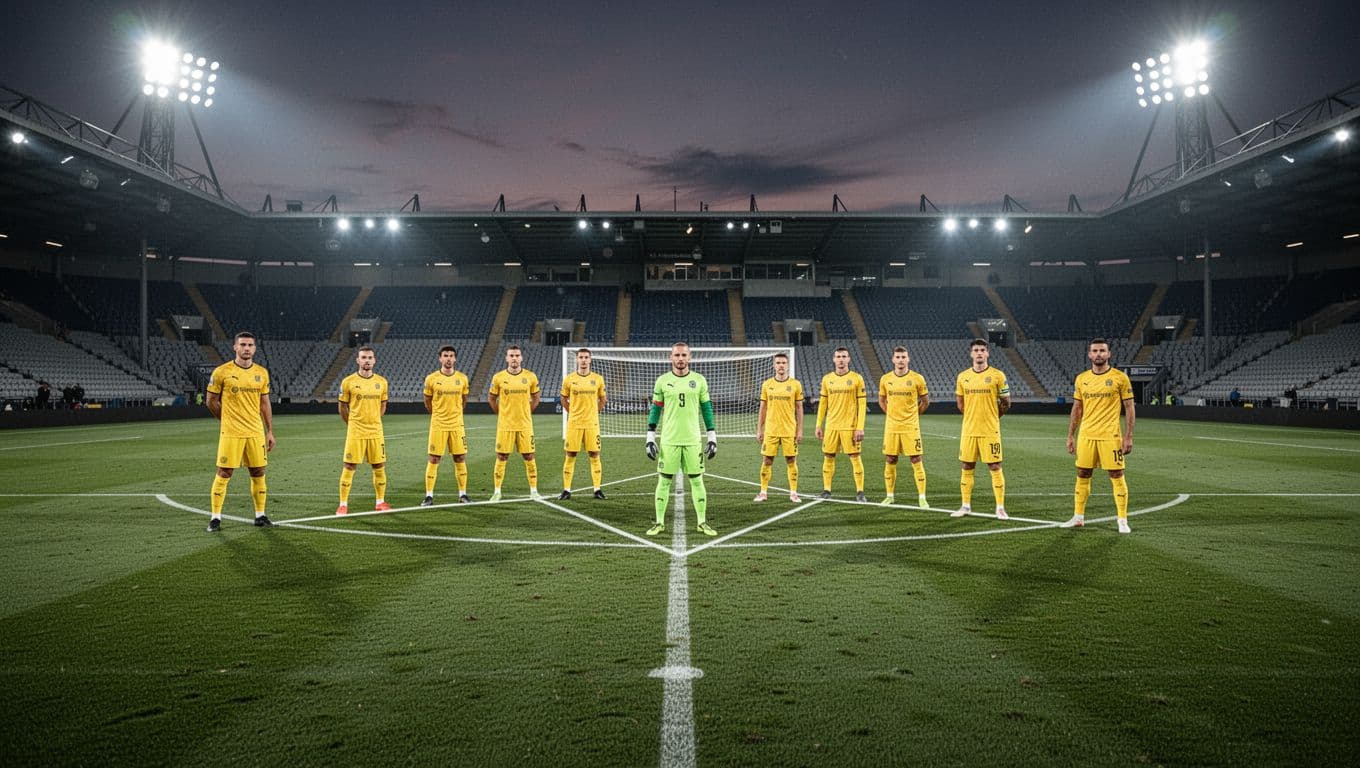 Eleven players in yellow jerseys form a 4-3-3 soccer setup on green pitch under night stadium floodlights.