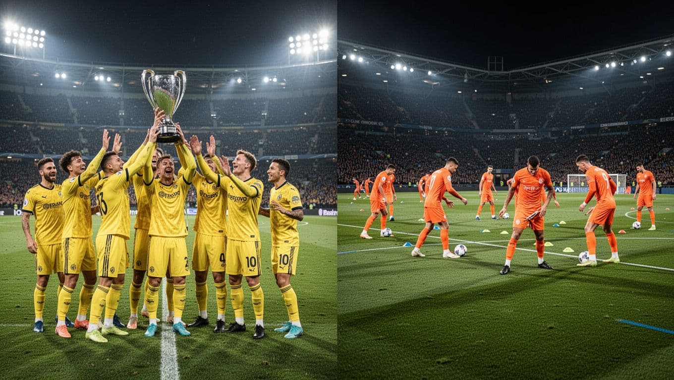 Left side shows Borneo FC players in yellow jerseys celebrating with trophy icon; right side Bali United players in orange jerseys training on divided green soccer field under stadium lights.
