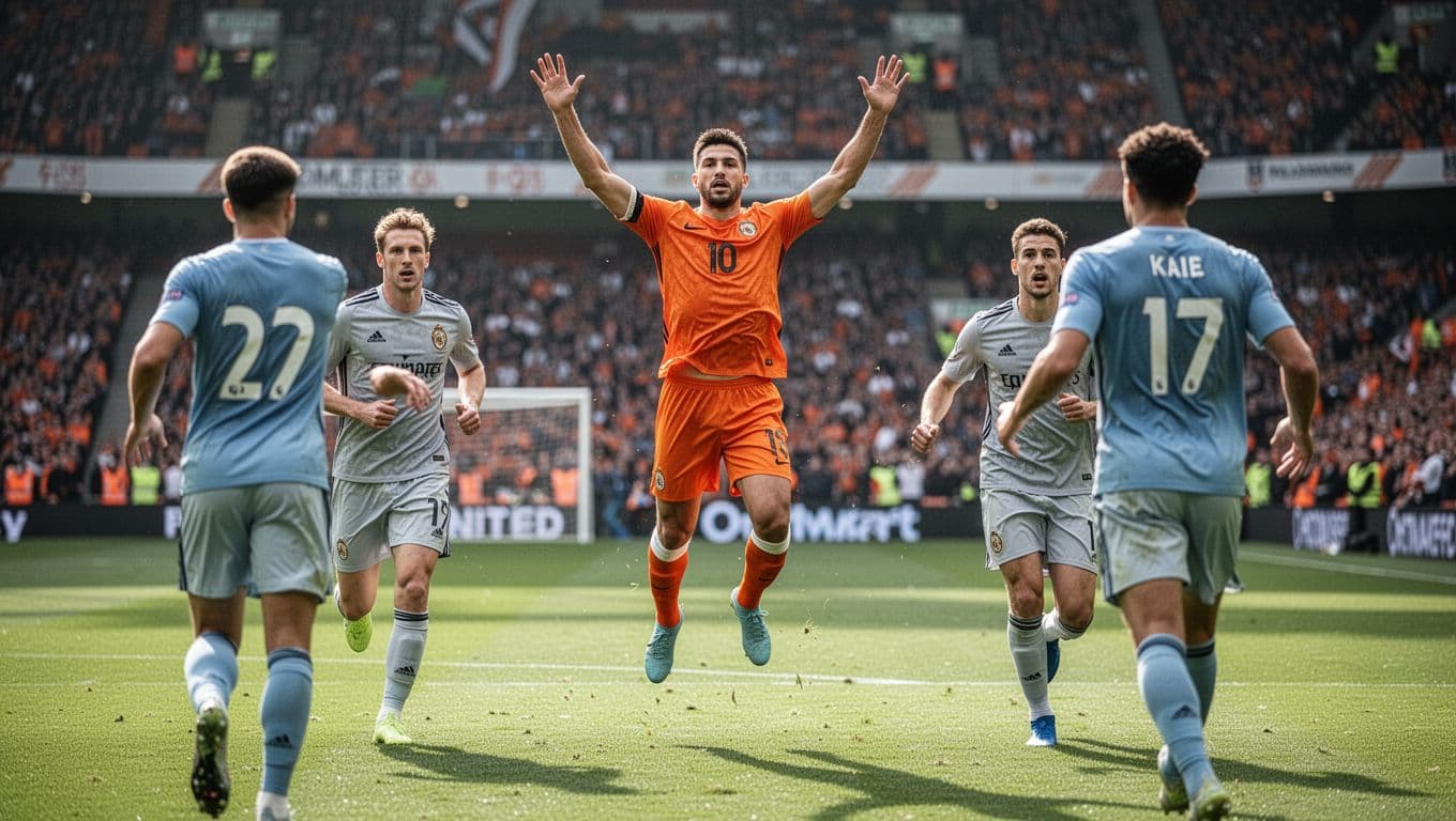 A professional soccer player in an orange jersey celebrates a goal with teammates on a stadium pitch.