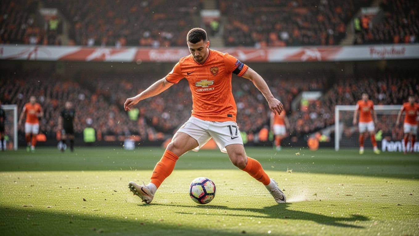 A soccer player in an orange jersey moves across a green stadium pitch during a match.