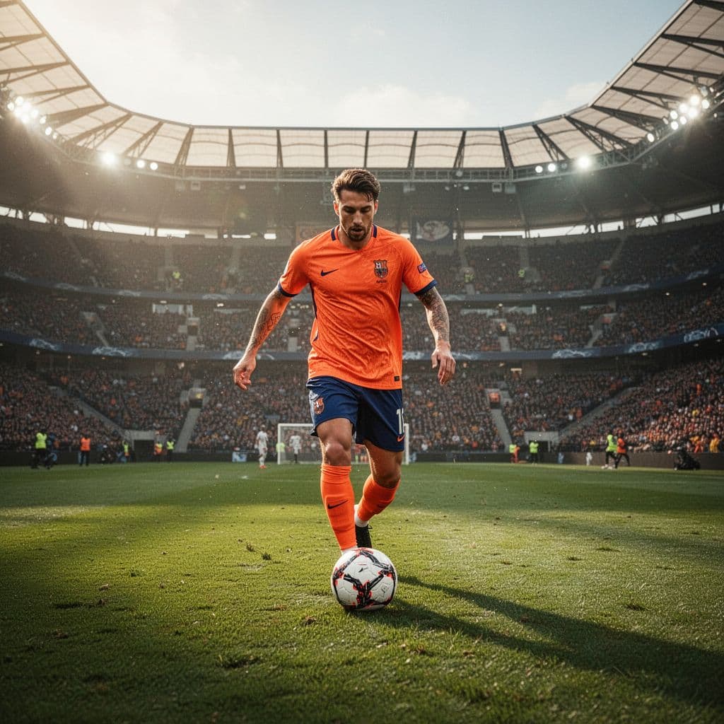 A professional soccer player in an orange jersey dribbles a ball across a lush green stadium pitch.