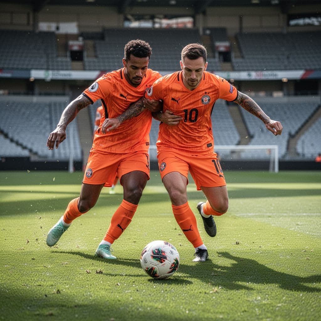 Two soccer players in orange jerseys aggressively close in on a ball on a green pitch.