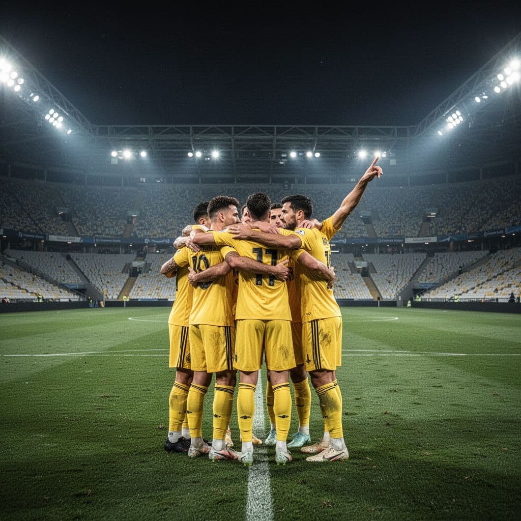 Four players in yellow jerseys hug and point on green pitch under stadium lights at night.