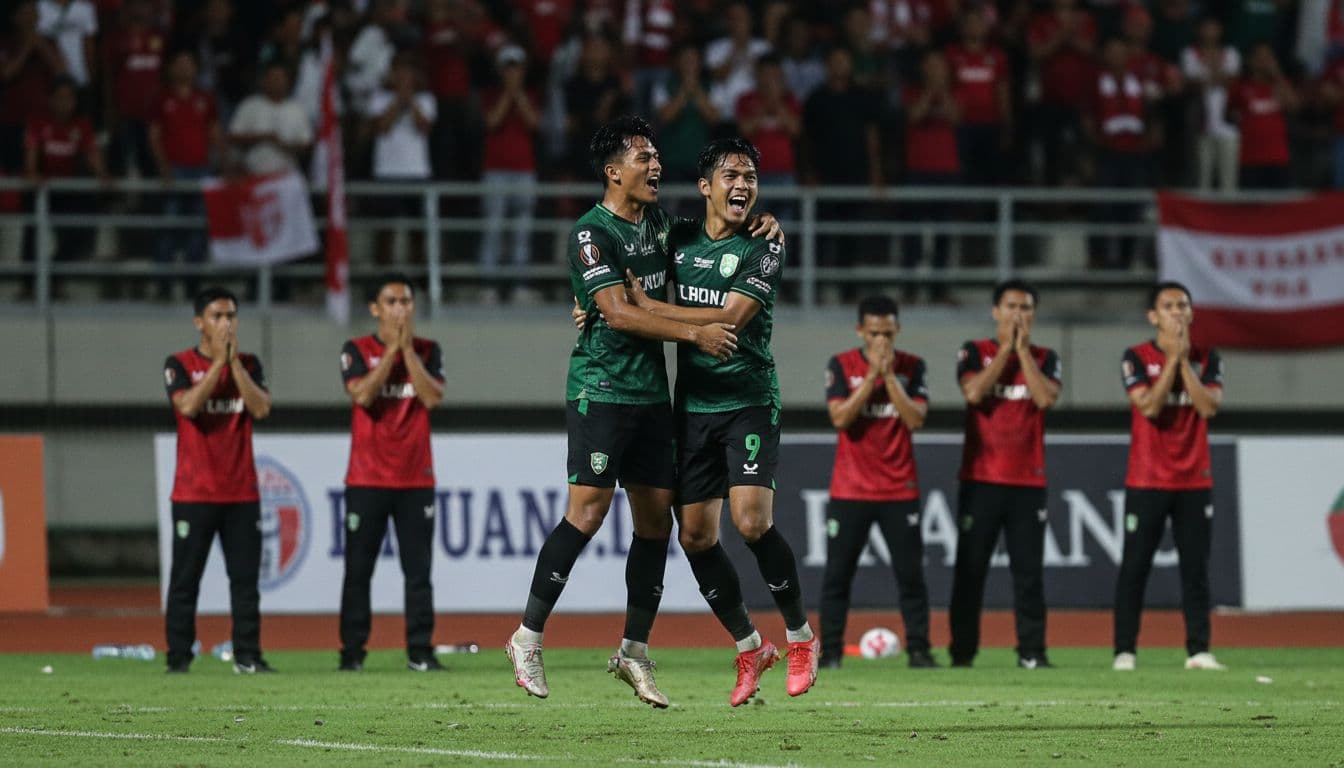 Two Borneo FC players hug and jump joyfully after scoring, with disappointed PSM fans in night stadium background.