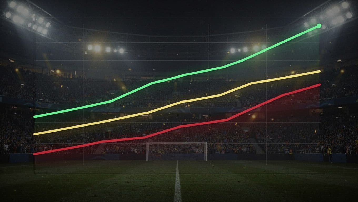 Line chart on dark background with faint stadium lights shows green rising wins, yellow flat draws, red dipping losses for Dortmund's last 10 Bundesliga matches.
