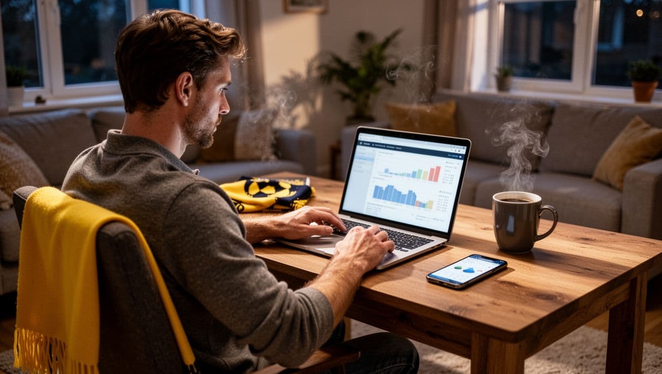 Borussia Dortmund fan sits at wooden desk with coffee mug, viewing blurred charts on laptop and phone in cozy room with yellow scarf.