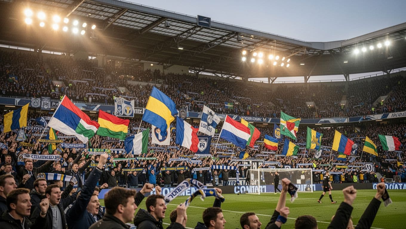Borussia Mönchengladbach fans fill stands at Borussia-Park, cheering with flags and scarves under evening floodlights.