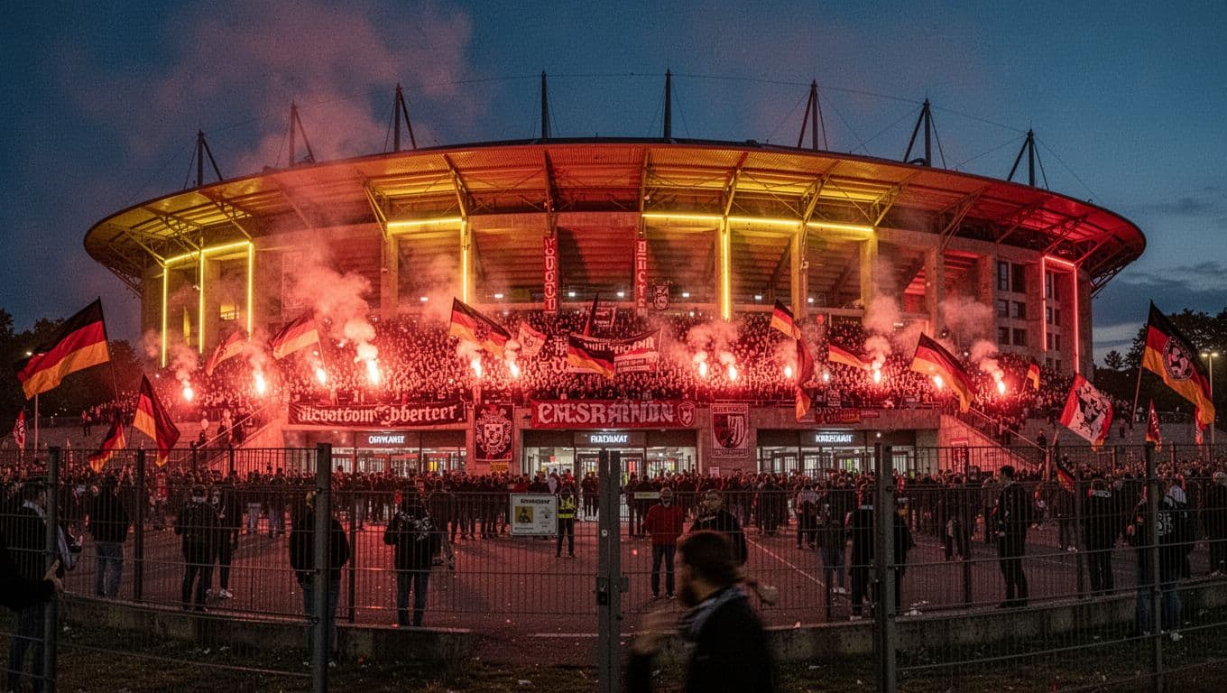 Nighttime exterior panorama of Borussia-Park shows Gladbach stands packed with red flares and flags, busy entrance gate.